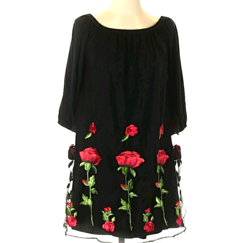 Tua Sheer Black Lined Off The Shoulder Embroidered Roses Mini Dress 3/4 Size S